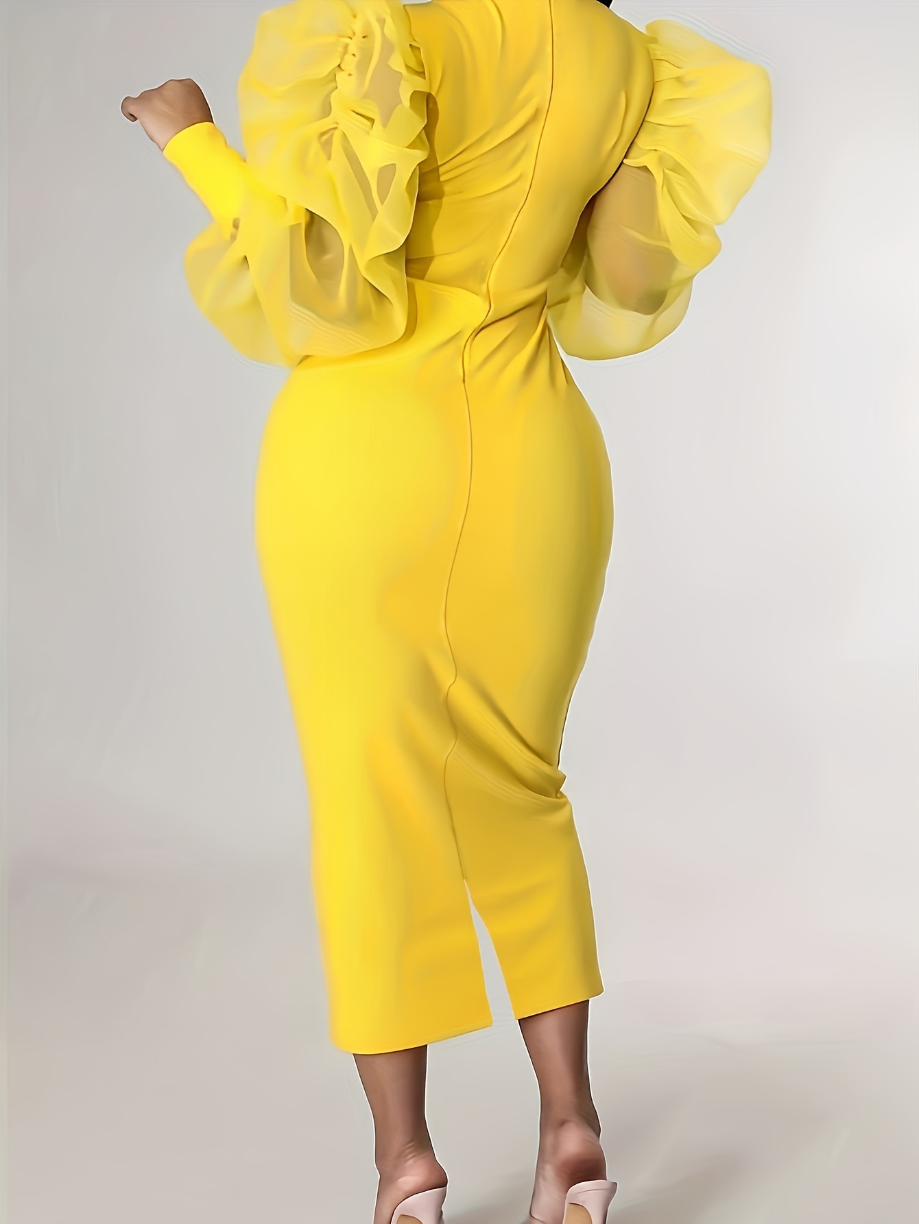Yellow Long Sleeve O-Neck Bodycon Dress, Solid Color Patchwork, POLYESTER, Machine Washable