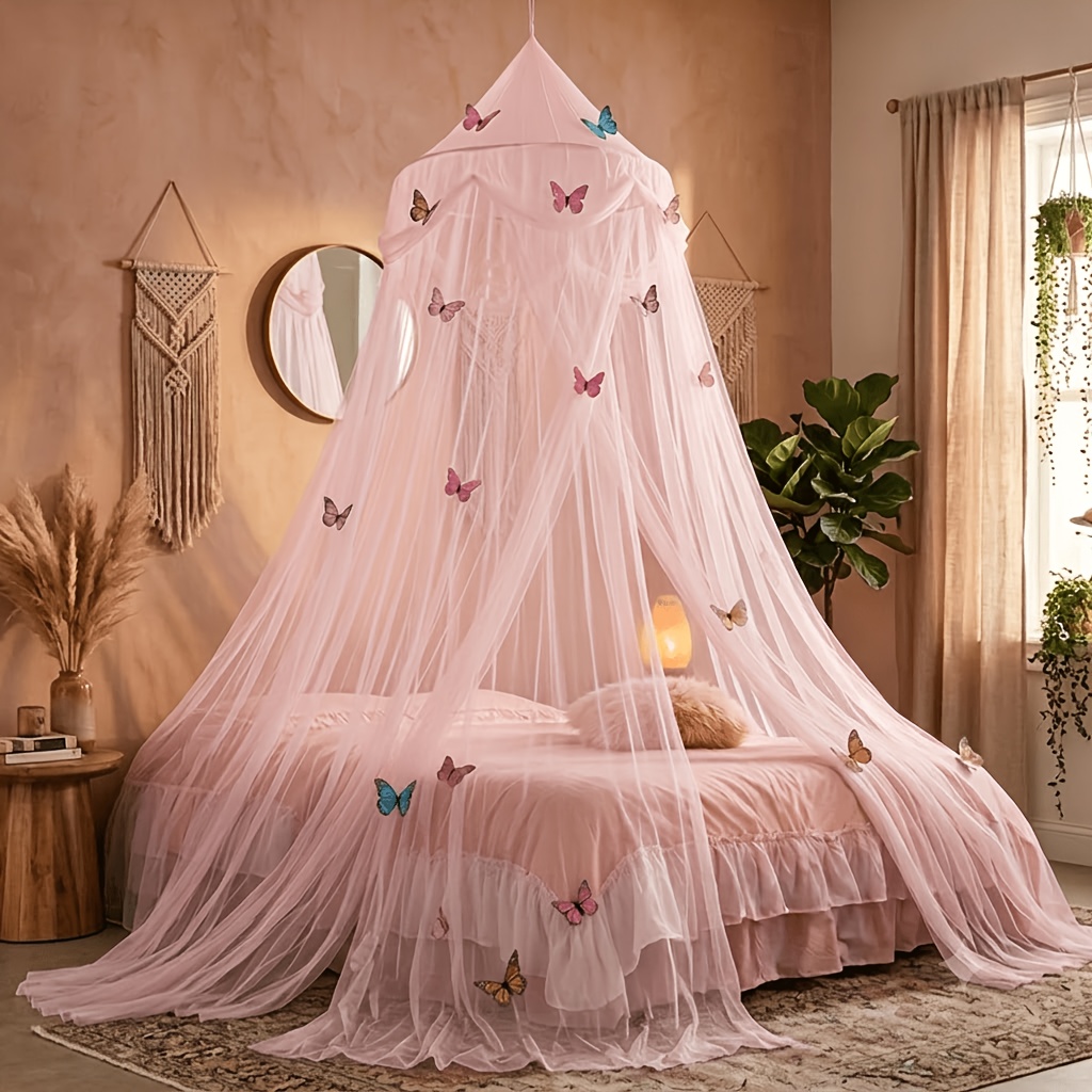 TEMU Elegant Dome Bed Canopy With Decoration - Hanging Princess Netting For Queen/king Bed, Bedroom Decor