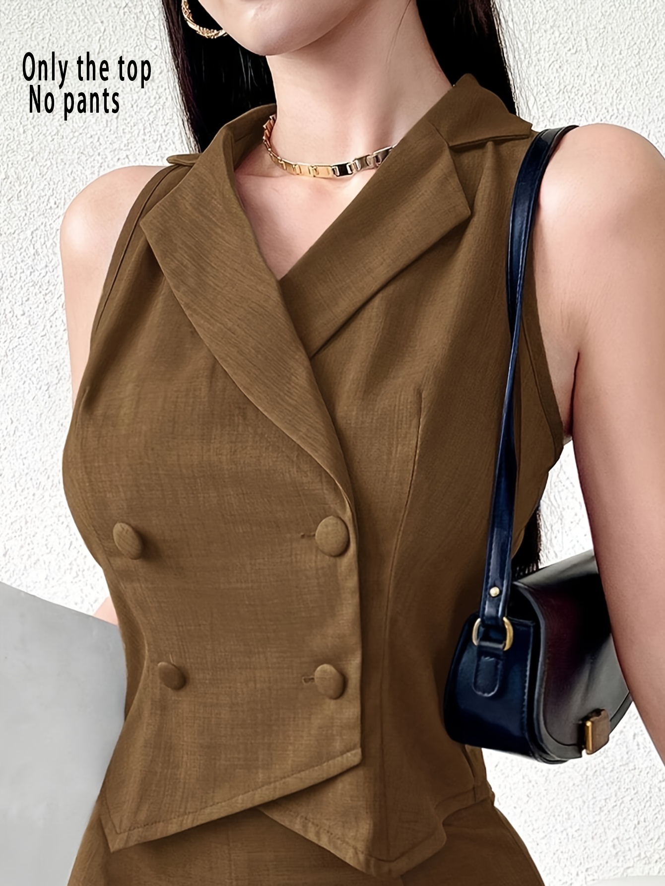 Women's Summer Casual Solid Color Double-Breasted Vest Top, Comfortable and Elegant (Pants Not Included)