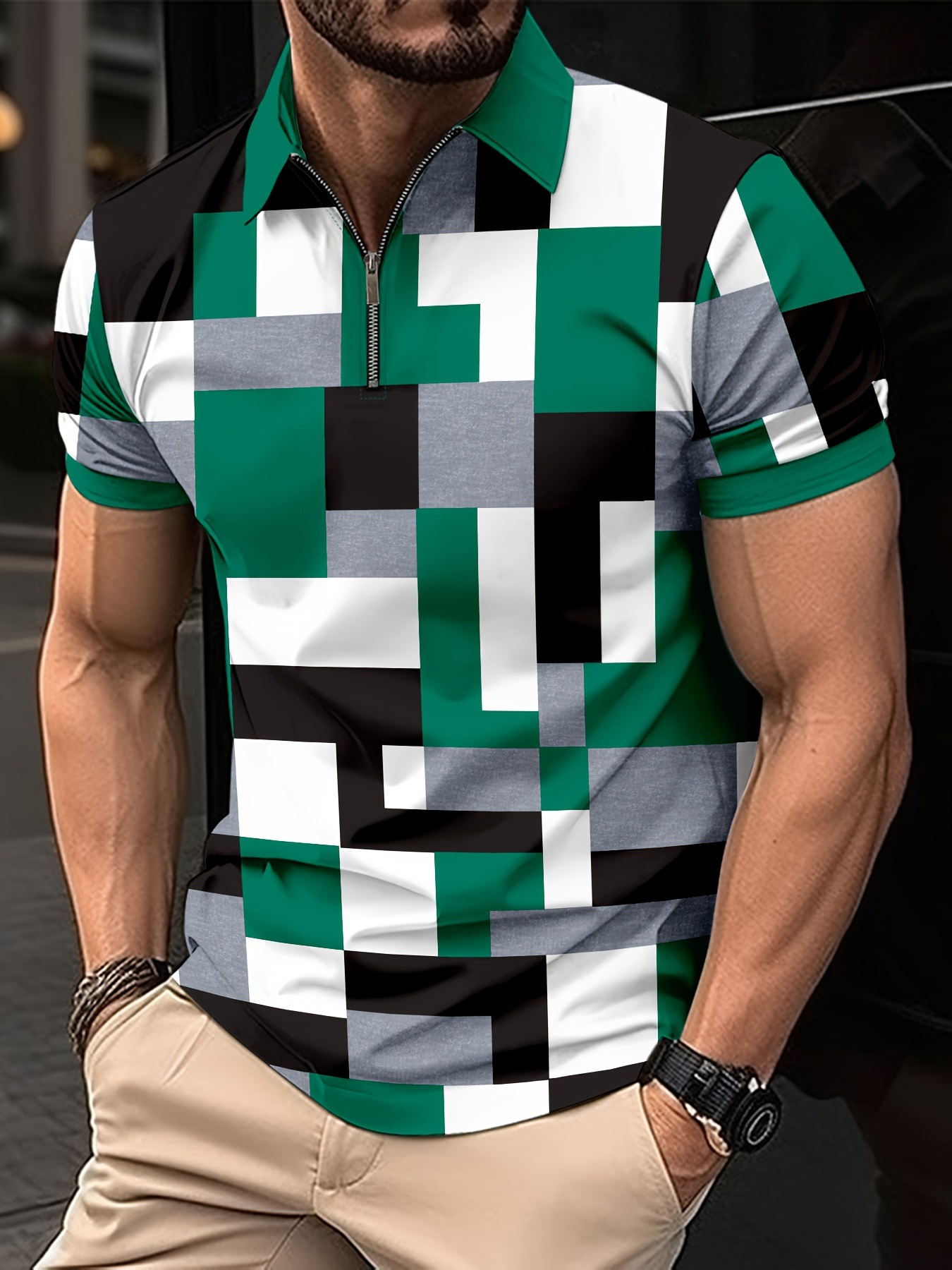 breathable regular fit color block golf shirt mens casual v neck t shirt short sleeve for summer mens clothing green 0