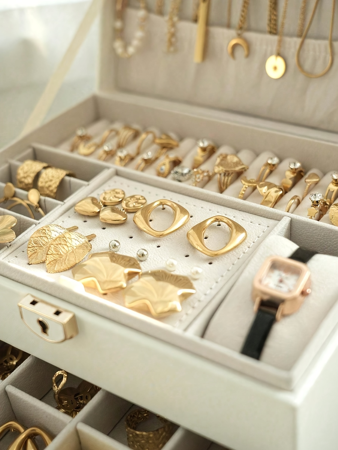 elegant french style jewelry box with key lock large capacity three tier organizer for necklaces earrings rings and bracelets   with drawers ideal for spring summer fall and winter jewelry storage classic jewelry box   jewelry boxes   Product details 3