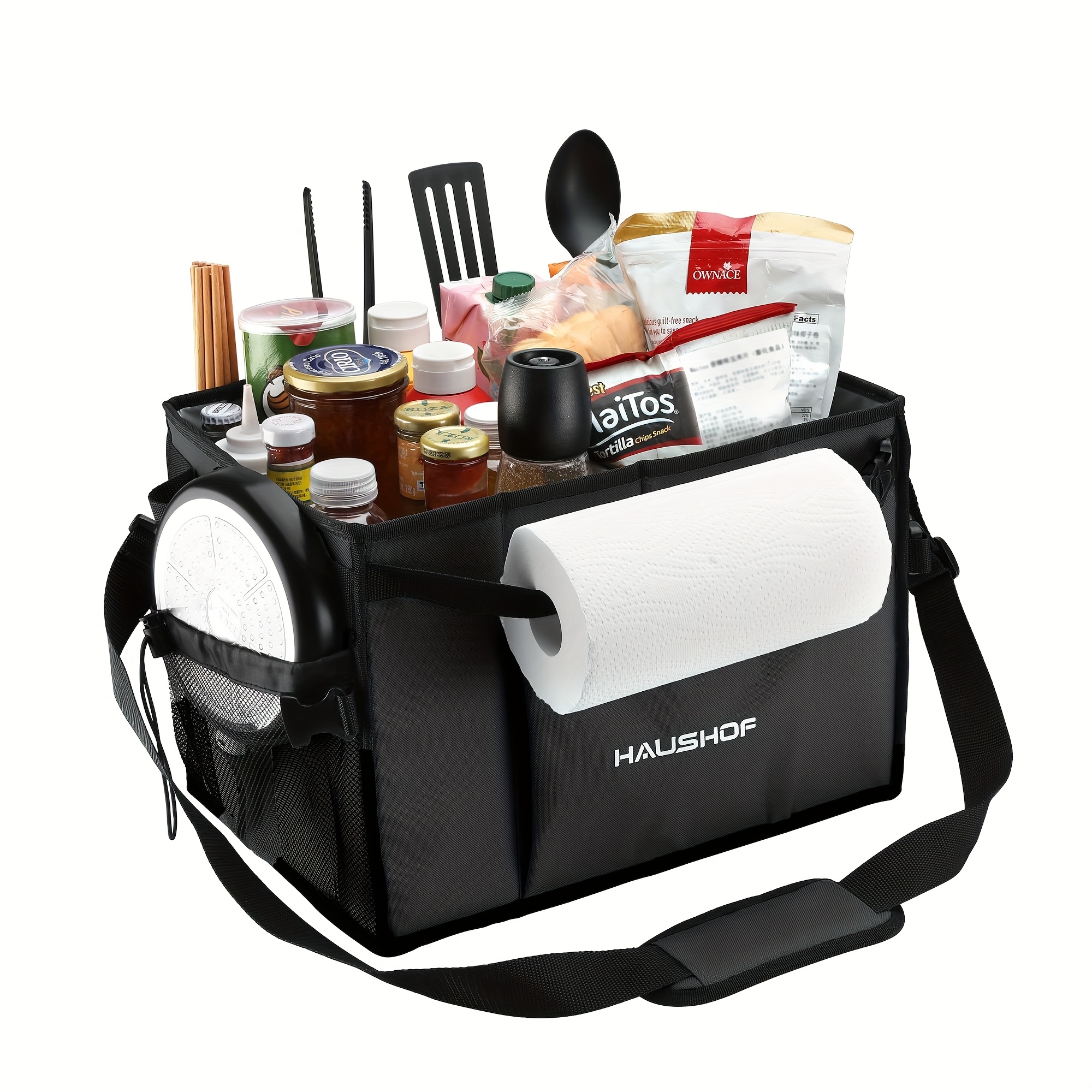 TEMU Haushof Large Foldable Grill & With Paper Towel Holder & Condiment Pocket - Waterproof Oxford Cloth Bbq Organizer For Camping, Rv, Outdoor Cooking - Powder-coated Black