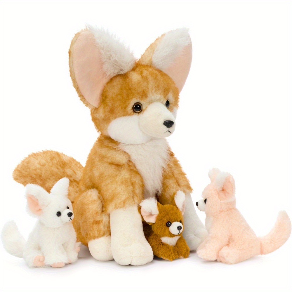 Image of Morismos 4pcs Fennec Fox Plush Toy, Cute Soft Mother Fox Stuffed Animal With 3 Fennce Fox Babies, 17.4" Giant Zoo Animal Plushies For Kids, Stuffed Wild Animal Gift For Christmas Birthday