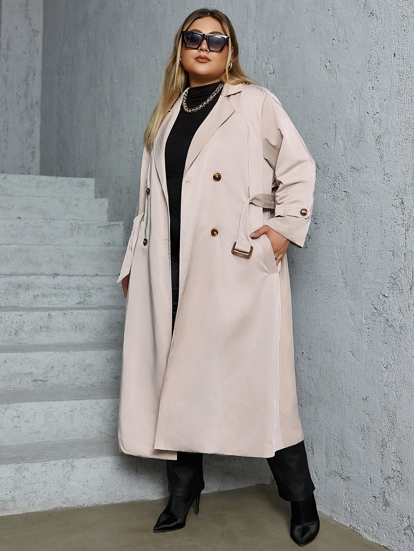velikost plus - dmsk plus velikost dlouh kabty - beov dvoudln knoflkov vtrovka s kapsami, lern stylov styl pro lto podzim, univerzln vrstven kus, stylov vrchn odva, strukturovan design 0