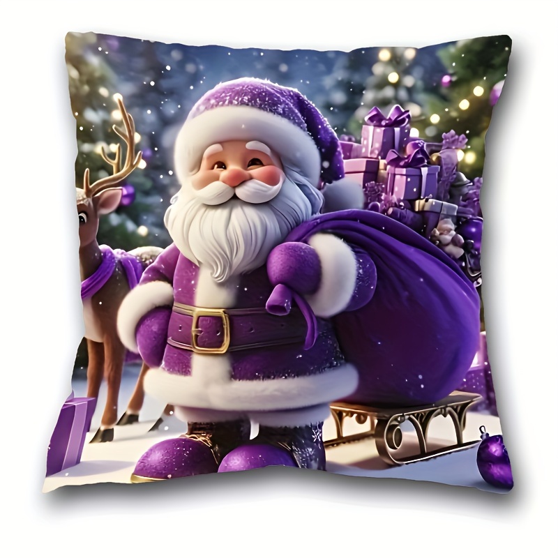 

Christmas Santa Claus With Gifts And Reindeer Decorative Throw Pillow Cover, French-style Short Plush Zippered Cushion Case 17.7x17.7 Inches, Machine Washable, For Living Room And Bedroom Decor - 1pc