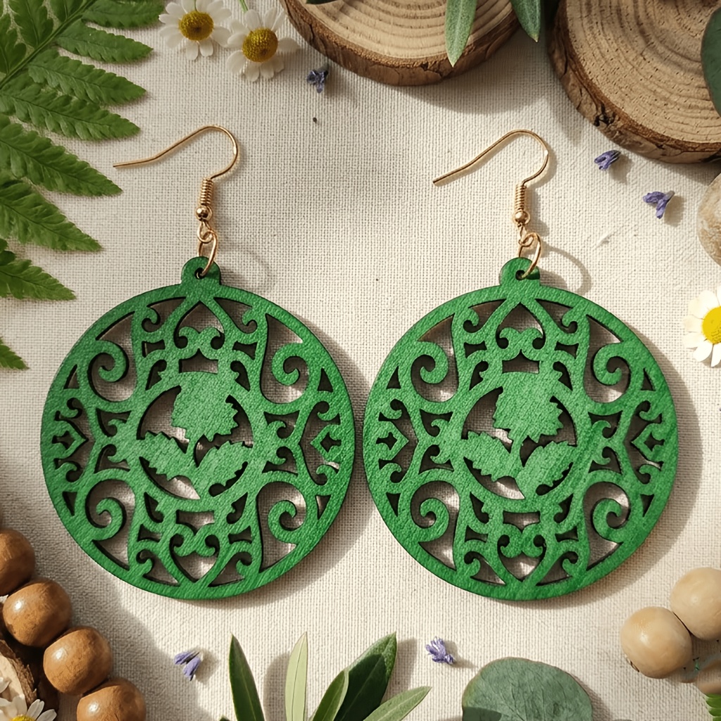 4-Pair Vintage Round Mandala Wooden Drop Earrings Set