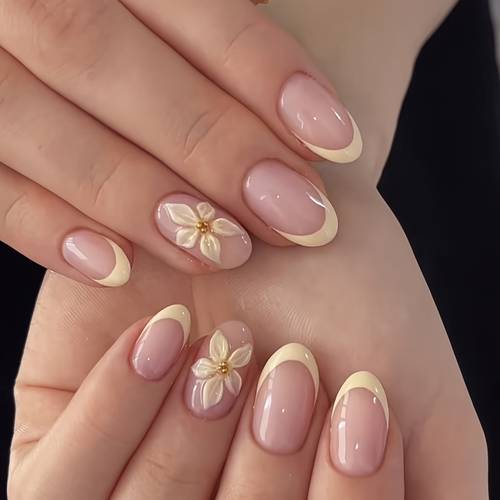 24pcs yellow flower nail wraps short round short style wearable nail plates and nails