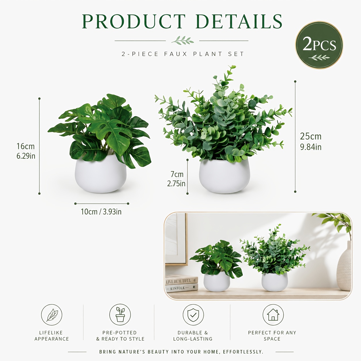 TEMU 2pcs/set Simulated 6.3-inch Turtle Back Leaves, Simulated , 9.84-inch Eucalyptus Small Potted Plant, Home Mini Decorative Ornament, Balcony