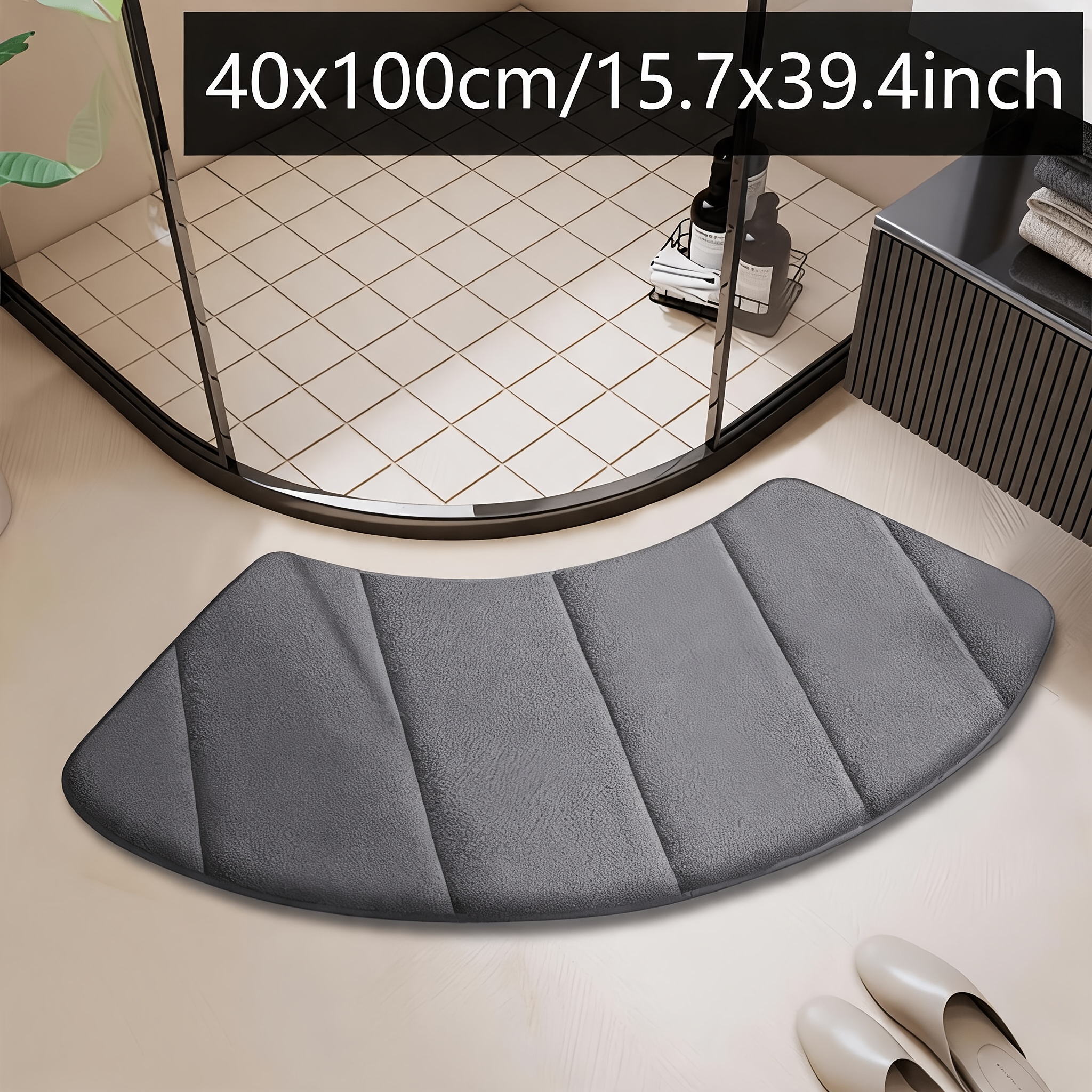 TEMU Tapis de sol de salle de bain antidérapants de couleur unie d'éventail, tapis de pieds en flanelle pelucheuse à rayures, tapis de porte de salle