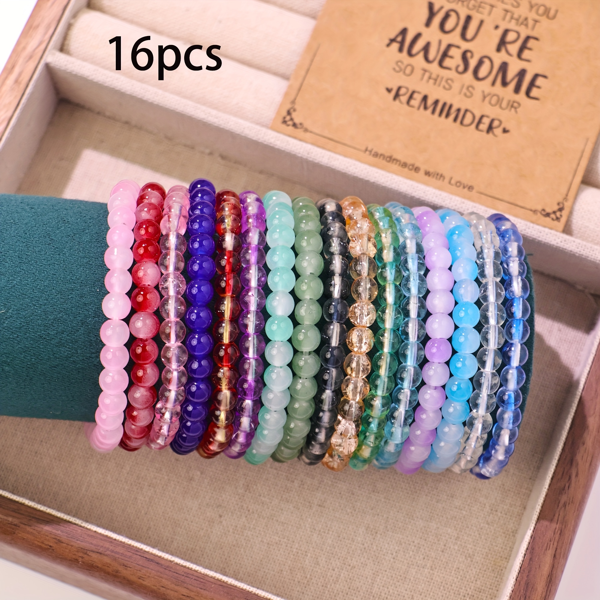 16pcs Exquisite Elastic Glass Bracelets with Inspiring Blessing Cards