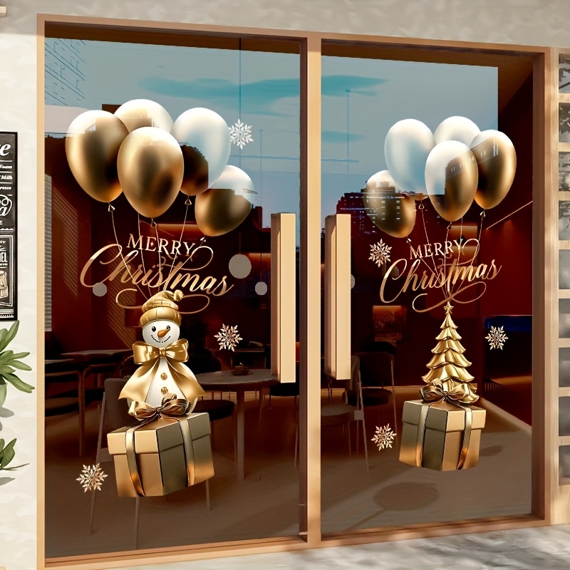 1 Rol Kerst Statische Raamfolie met Gouden & Witte Ballonnen, Sneeuwpoppen en Boompatronen - 12mil Dikke PVC Static Adhesive Stickers voor Glazen Deuren