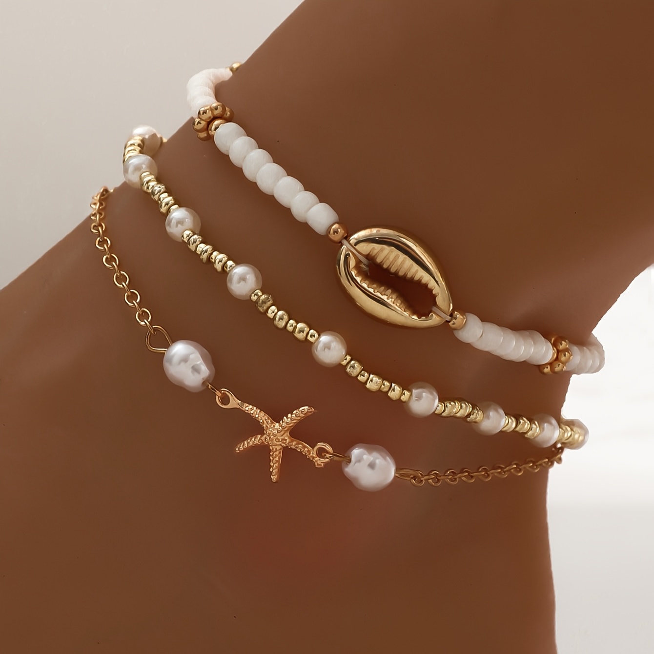 3pcs Stackable Anklet Seed Beads & Ccb Beads, Alloy Ankletsimple, All-match, Fashion & Bohemian Stylevacation Beach With Artificial Shell & Starfish