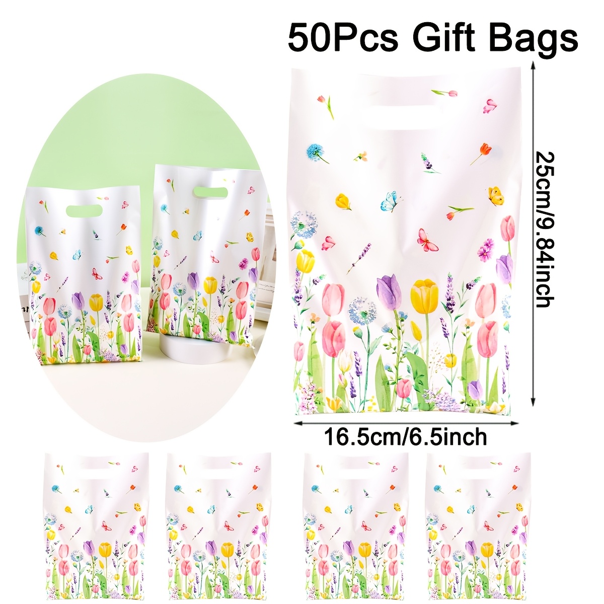 TEMU Regalo /Lui 10/ pezzi Sacchetti Regalo Tulipani, Borse Tote in Plastica con Manici per Fiori Primaverili, Sacchetti Riutilizzabili per Dolcetti,