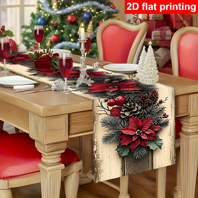 Image of 1pc 2d Flat Vintage Christmas Table Runner, Red Large Floral And Design, Rectangular Holiday Table Decoration, Suitable For Christmas, New Year, And Winter Parties, Christmas Tablecloth