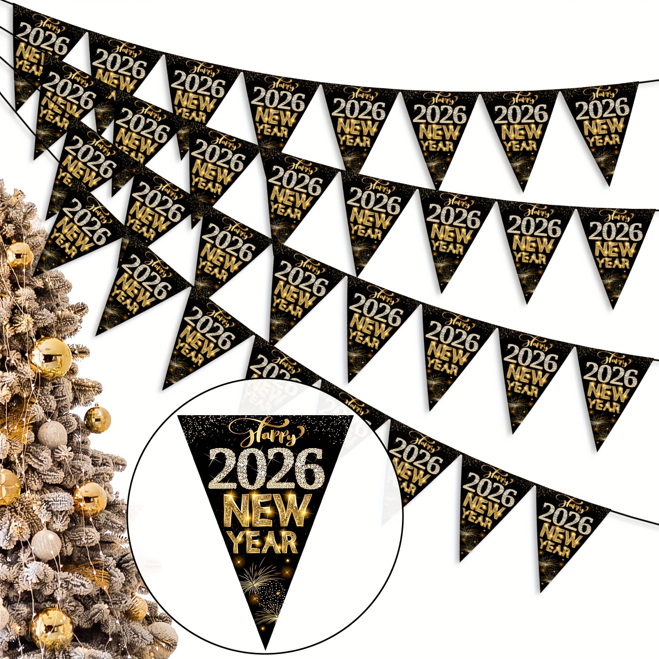 Image of 2026 Happy New Year Banner & Garland - Black Golden Glitter Triangle Flags With 2026 Number, Chinese New Year Decorations Suitable For Nye Holiday Party, Home Outdoor Bunting (room,, Entrance)