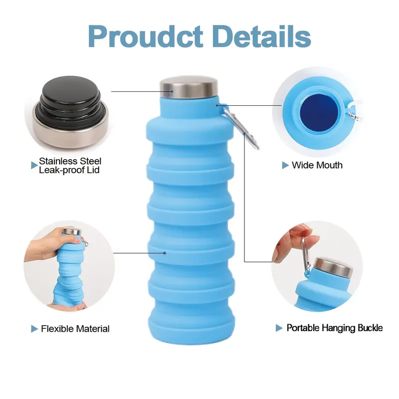 single pack 500ml collapsible water bottle silicone stretchable cup portable foldable travel water bottle Product details 2