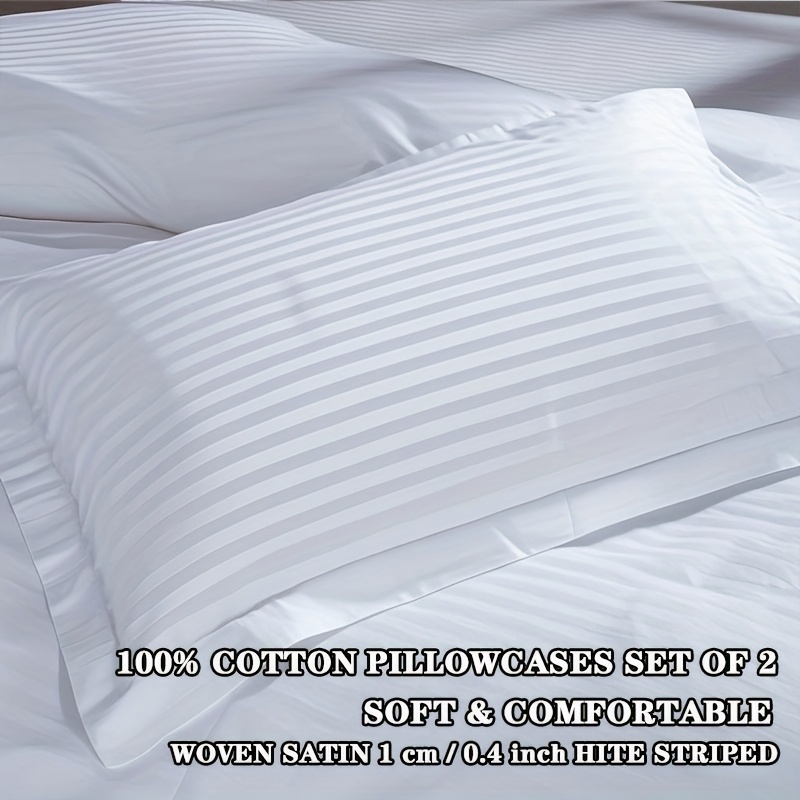 Image of 100% Cotton Pillowcases Set Of 2 - Satin 1cm White Striped, 400 , Envelope Closure, Machine Washable - Soft And Comfortable Pillow Covers For Master And Guest Bedroom
