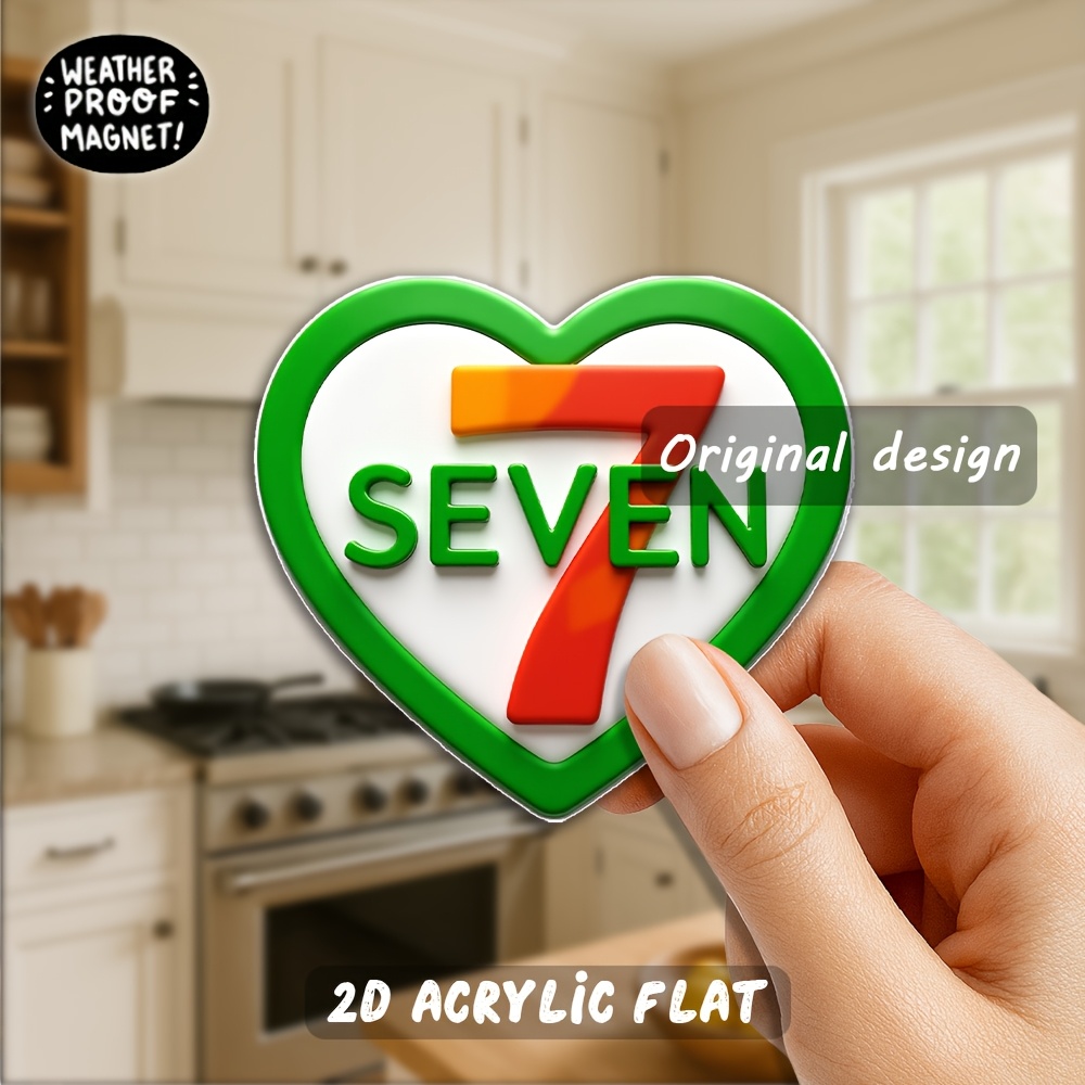 E-shop 1 Stück Acryl-Kühlschrankmagnet - Kräftige Nummer 7 in Herzform mit lebendigem Grün-Rot-Design, 3,15 Zoll (7--Anzeigestil) – Starke Magnetfolie