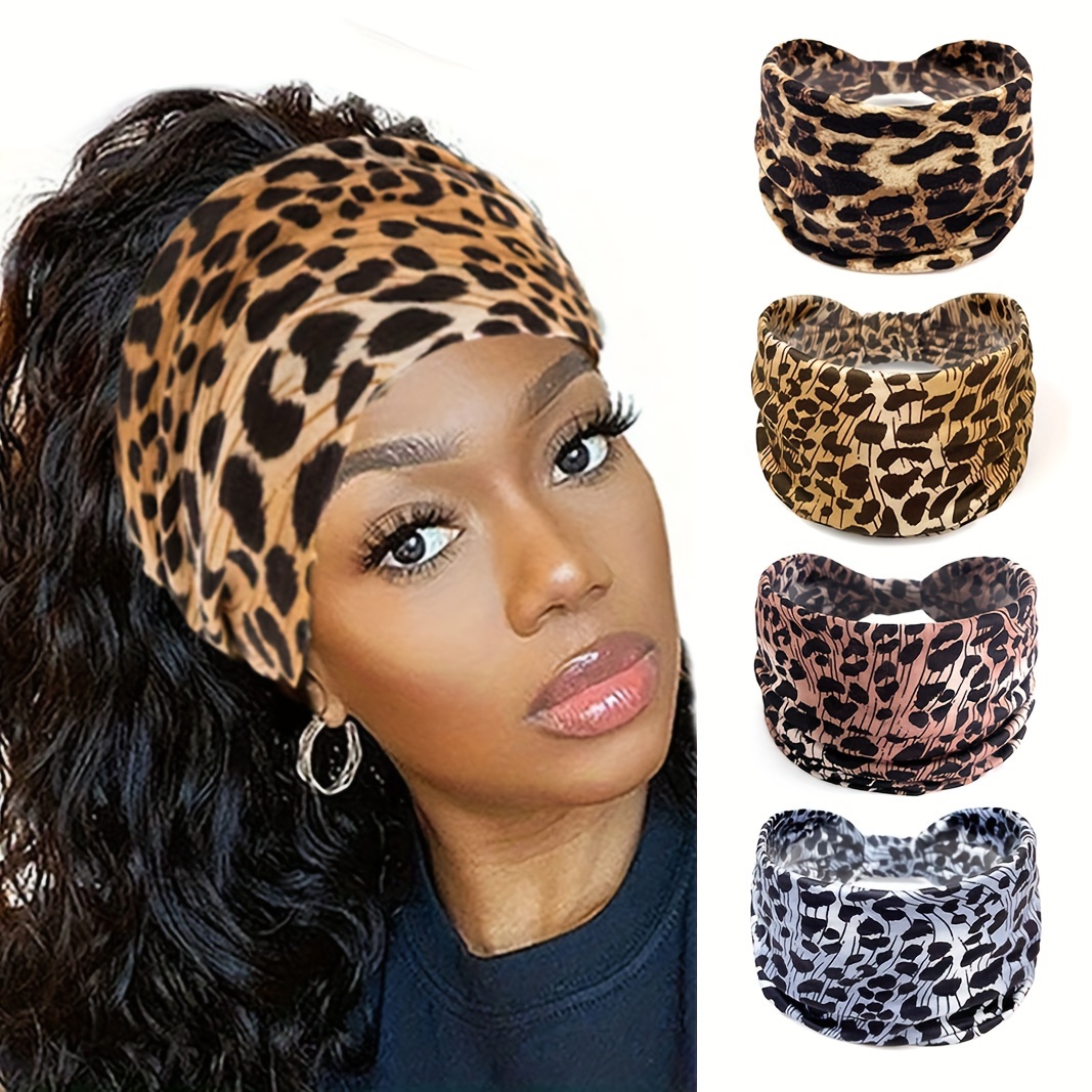 

Leopard Print Wide Headband For Women - Elastic, Non-slip, Moisture-wicking Yoga & Workout Hairband - Fashionable Boho Turban Accessory