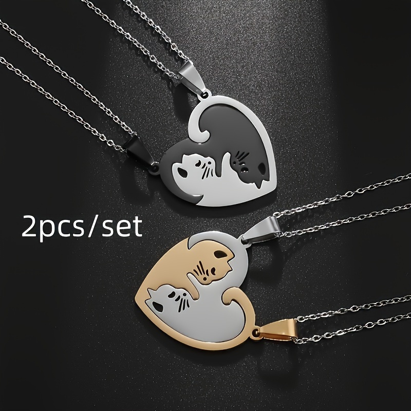 

2pcs/set Cute Cat Pendant Stainless Steel Necklace Splicing Women Girls Fashion Couple Necklace Friends Jewelry Gift