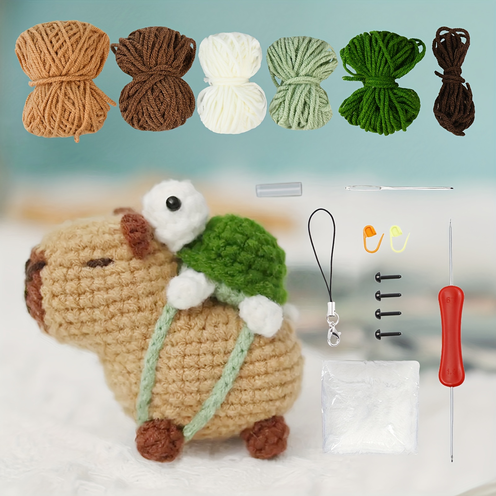 TEMU Capybara Crochet Kit For Beginners - Complete Diy Craft Set With Tools & Accessories, Cute Animal Design, Perfect Christmas Gift For Crafters, Fabric Material In Light Brown/white/green