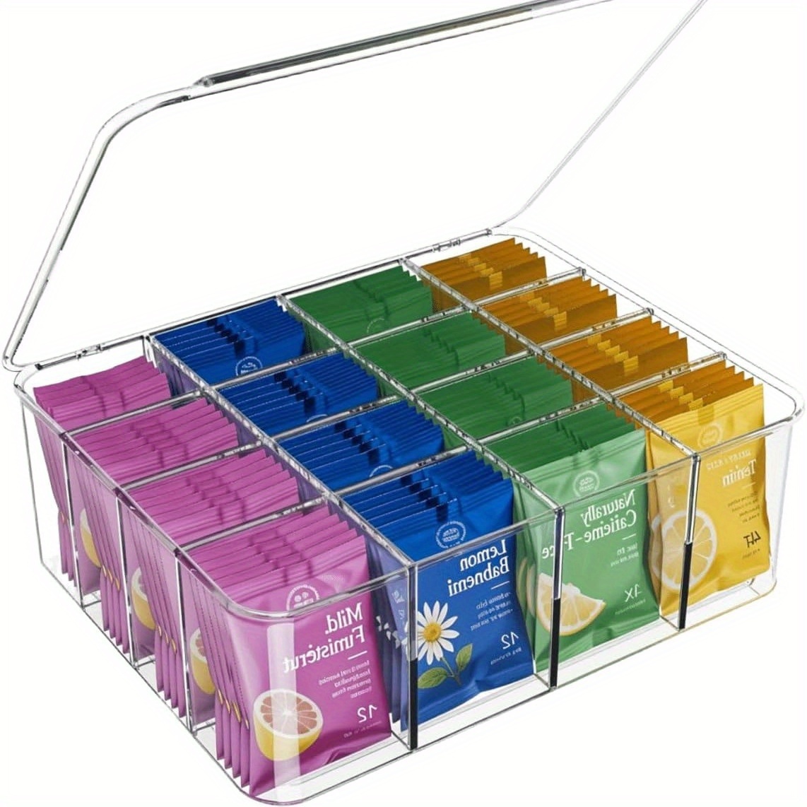 Image of Tea Bags Organizer: Large Tea Bag Holder Organizer With Lid, Acrylic Drink Packets Storage For Cabinet, Counter, Countertop, Drink Packets Caddy For 16 Different Types