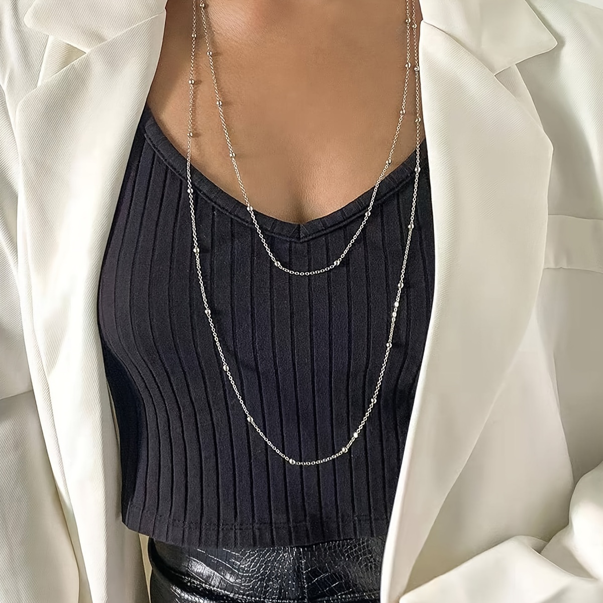 Minimalist Double-layer Silvery Alloy Beaded Chain, Sexy Party, Nightclub, 's Y-shaped Clavicle Chain