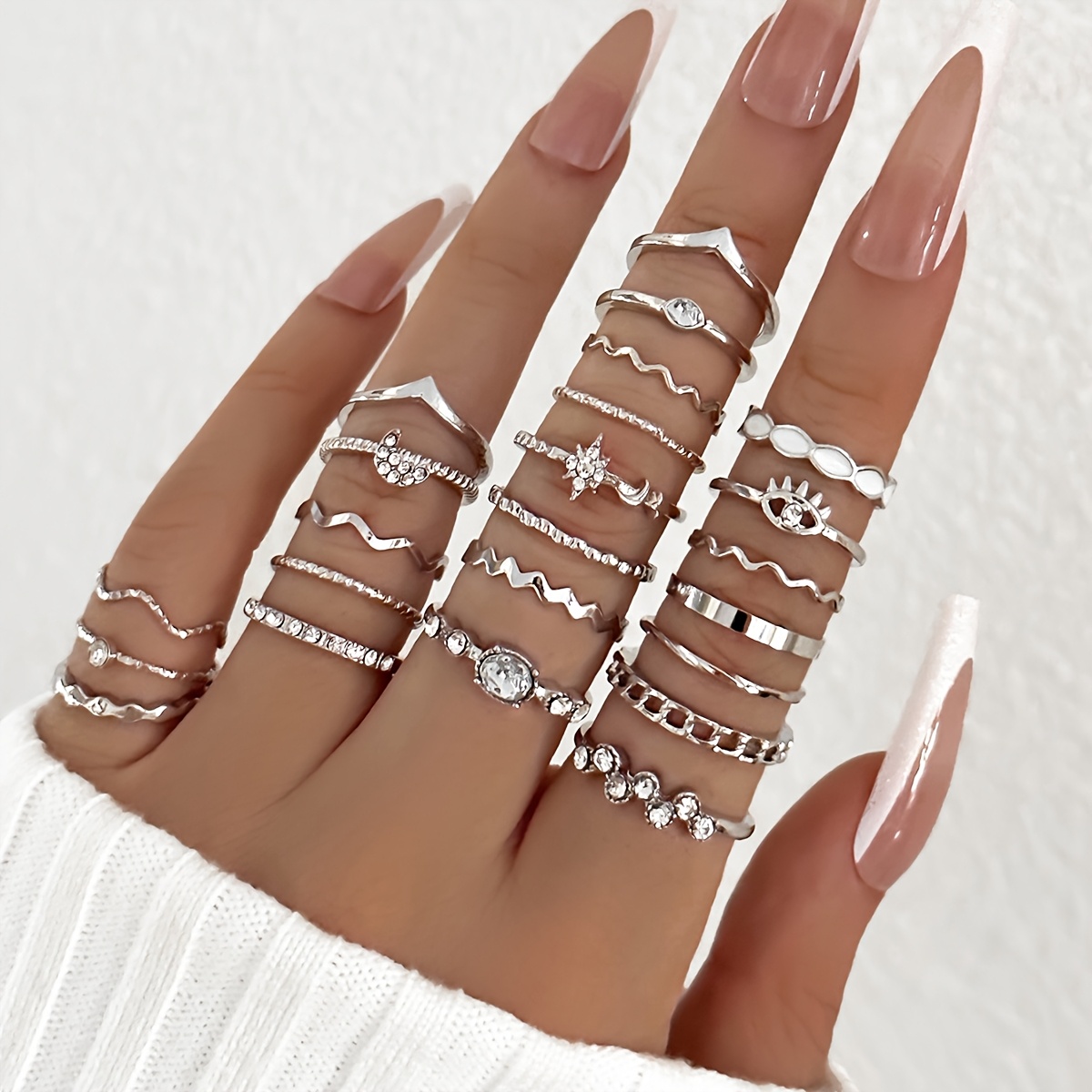 Image of 23pcs Elegant & Sexy Golden- Ring Set - Alloy With Rhinestone Accents, Featuring Eye, Moon, Wave & Geometric Designs - Versatile Stacking Rings For Daily & Vacation Wear