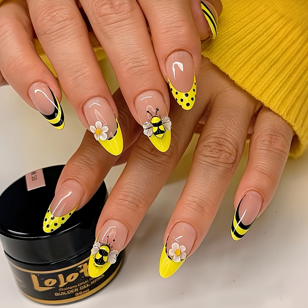 TEMU Faux Ongles de Longueur Moyenne de avec 24 pièces, de Petites Jaunes, Détachables, Petits de Petites Fleurs Fraîches, Faux Ongles Détachables,