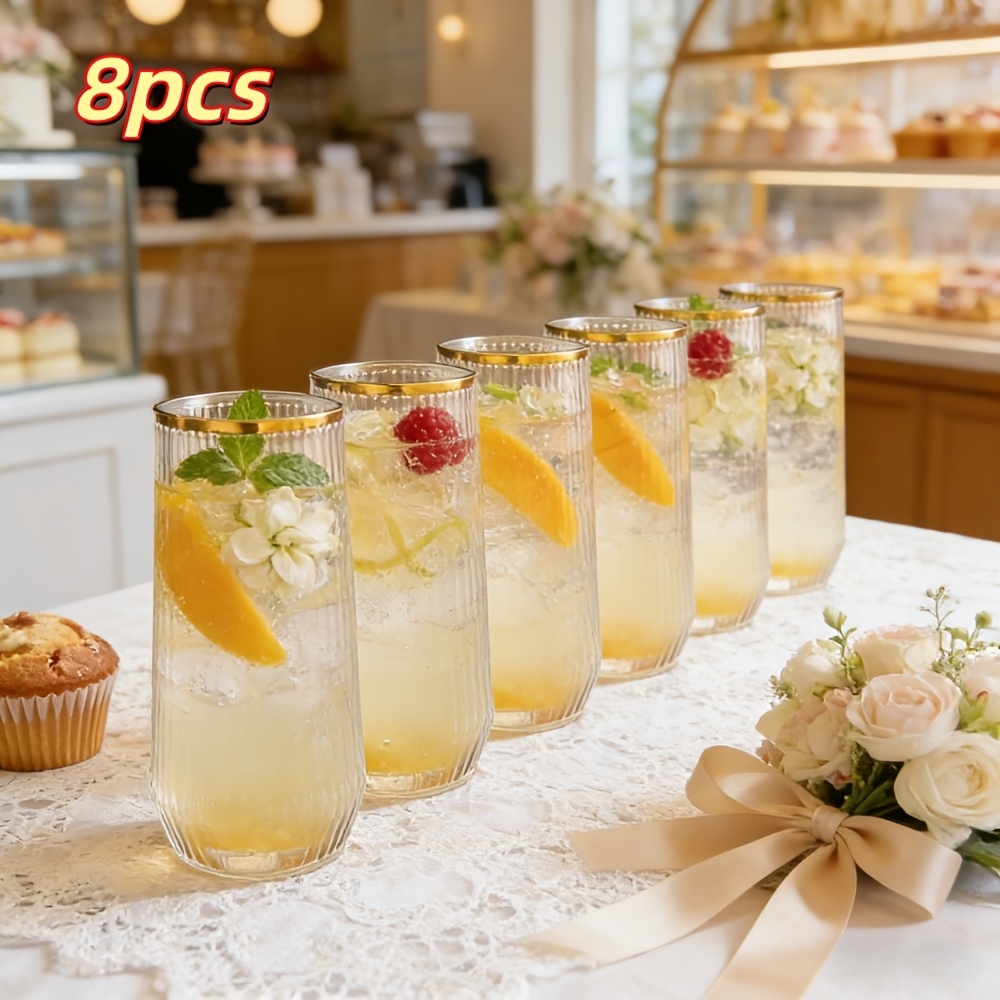 Juego de 8 copas de vino sin pie elegantes de 9 oz para Año Nuevo, con borde dorado transparente, vasos para helado, copas de champán con borde dorado, copas de cóctel transparente irrotables, adecuadas para bodas, Día de San Valentín, fiestas de Año Nuevo, cumpleaños, fiestas y celebraciones