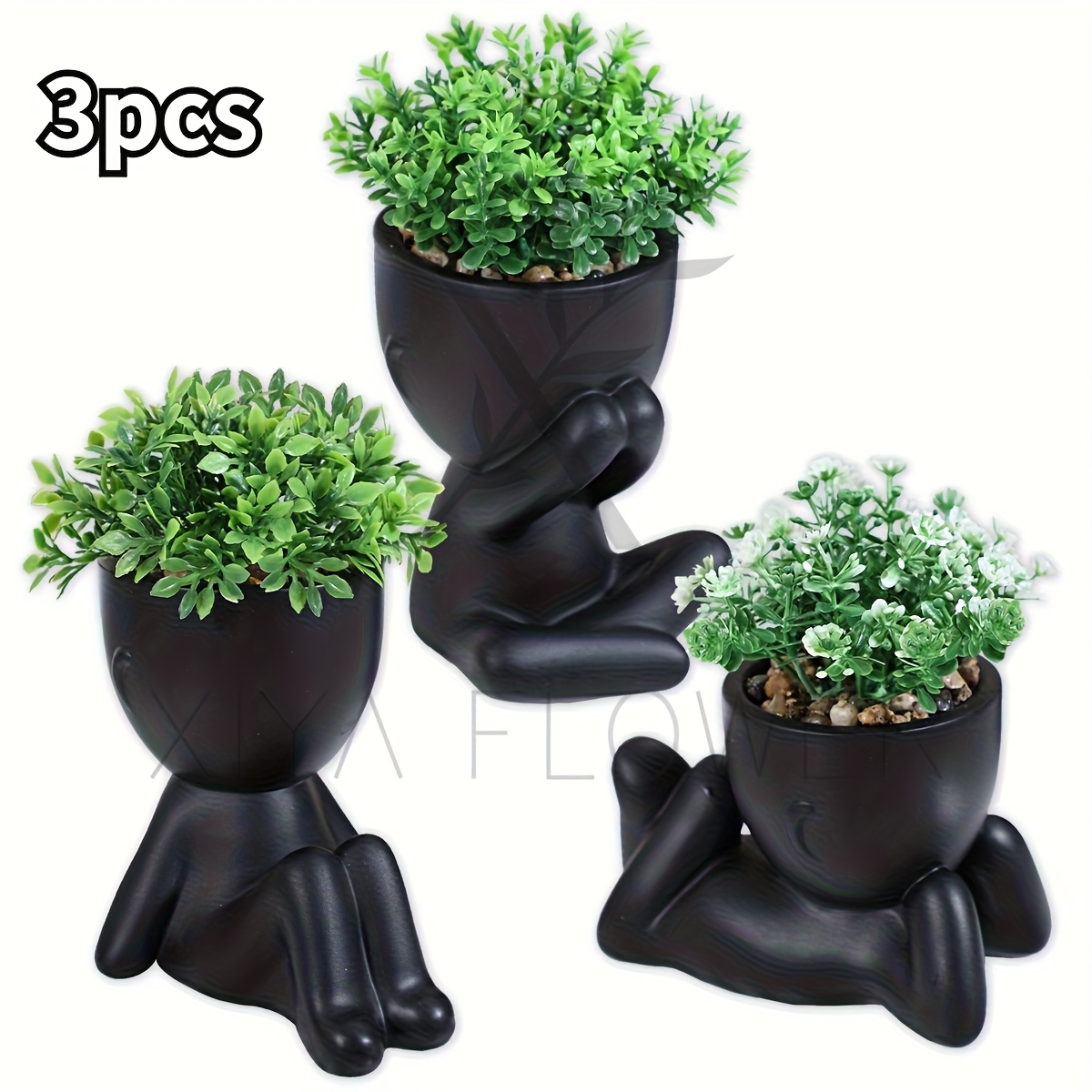 3pcs/ Set Artificial Eucalyptus Black & White Plastic Pot Babysbreath Leaf Boxwood Grass Potted Plant Wholesale Pe Material Home Decoration
