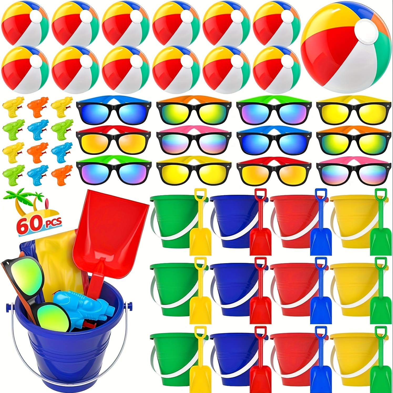 

Pool Beach Party Favors - 48/60pcs Pool Toys For Kids Ages 3 4 5 6 7 8 Beach Balls Bulk, Sand Bucket And Shovels Set, Kids Sunglasses Bulk, Beach Summer Toys, Christmas Gift