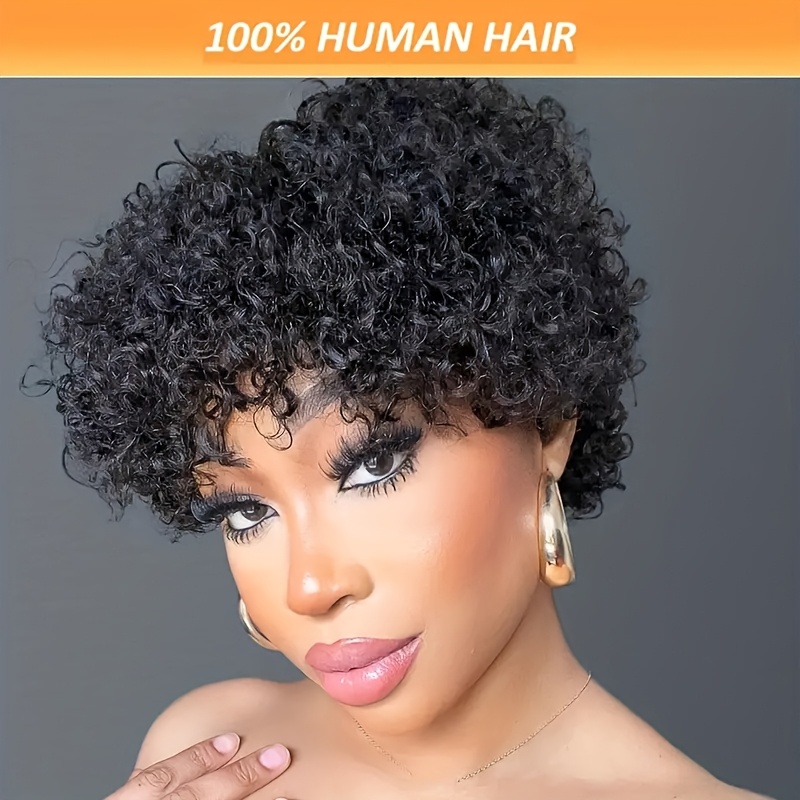 Chic Curly Pixie Cut Wig with Bangs - 180% Density 100% Human Hair, Glueless Design, Loose Curl Short Wig for Women, Rose Net Cap, Natural Look, Perfect for Everyday Style