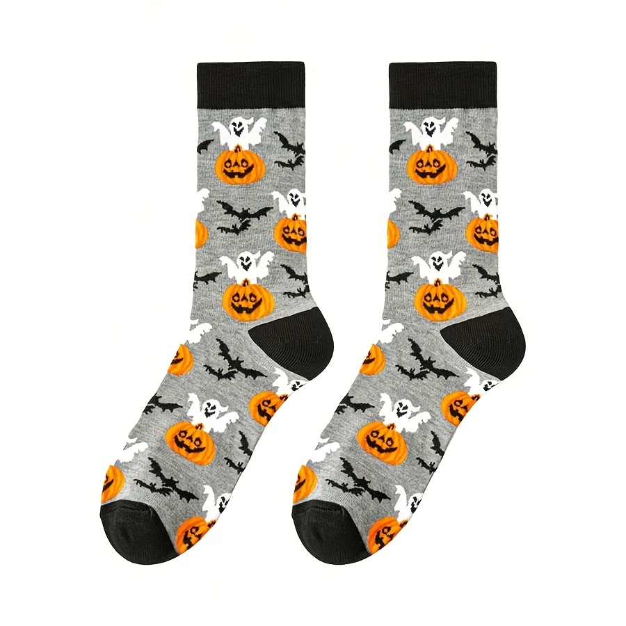 TEMU 1 Pair Of Men's Halloween Themed Mid-calf Socks, Gray With Pumpkin,, Bat, And Other Patterns, Full Of Festive Fun And Mysterious Atmosphere.
