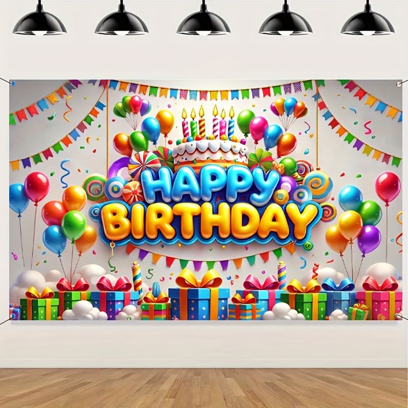 

1pc Vibrant Happy Birthday Banner - Colorful Polyester Party Backdrop With Balloons & Gifts Theme, Suitable For Celebrations, Entryway Decor, Electricity-free Holiday Accessory, 70.8 X 43.3 Inches