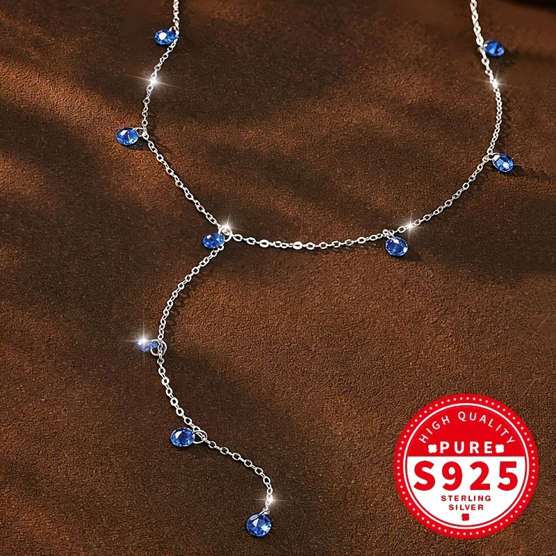 Women's 925 Silver Y-Chain Necklace with Blue Zirconia Tassel