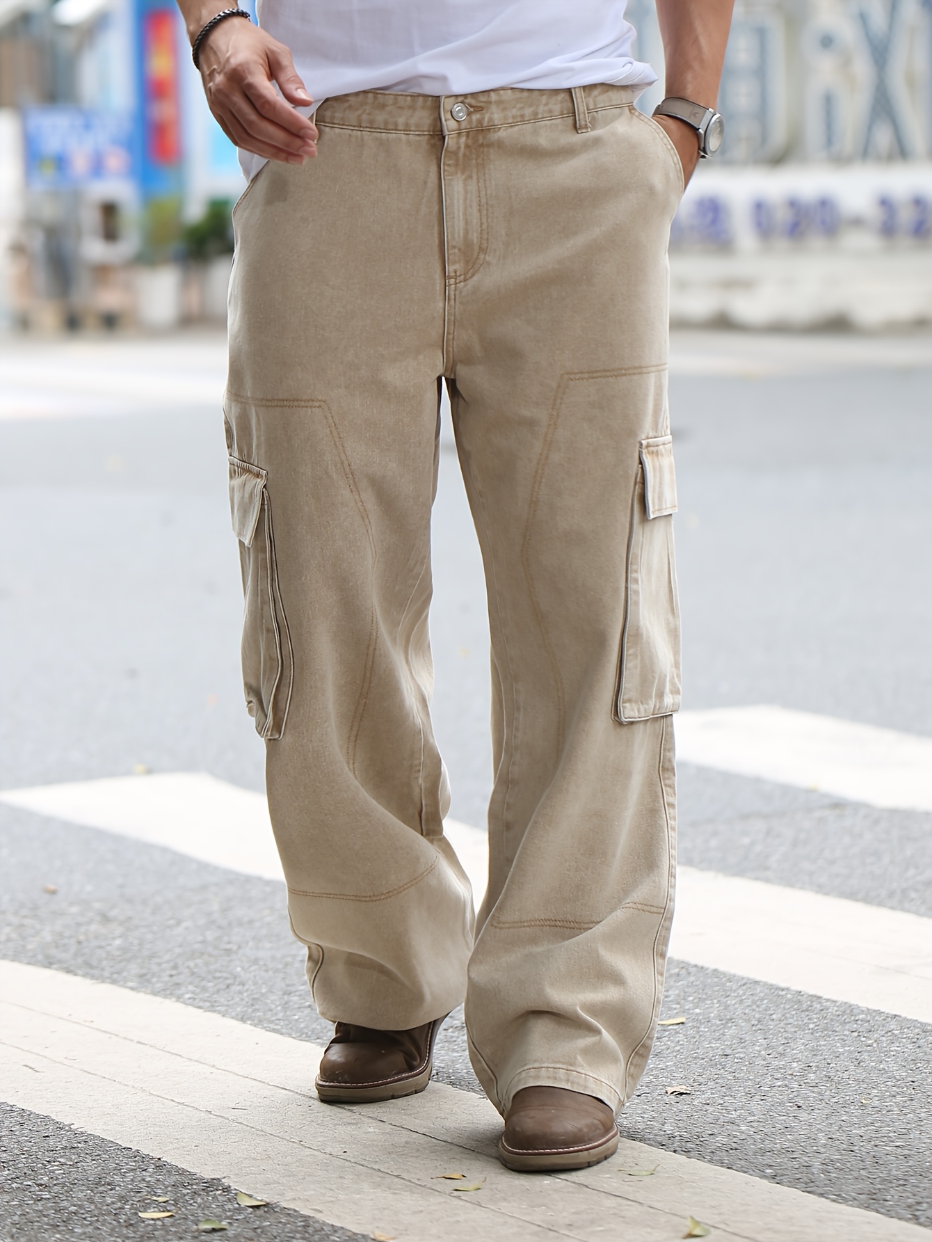 Large Size Men's Solid Color Loose Straight Side Pocket Washed Work Denim Jeans #D7606