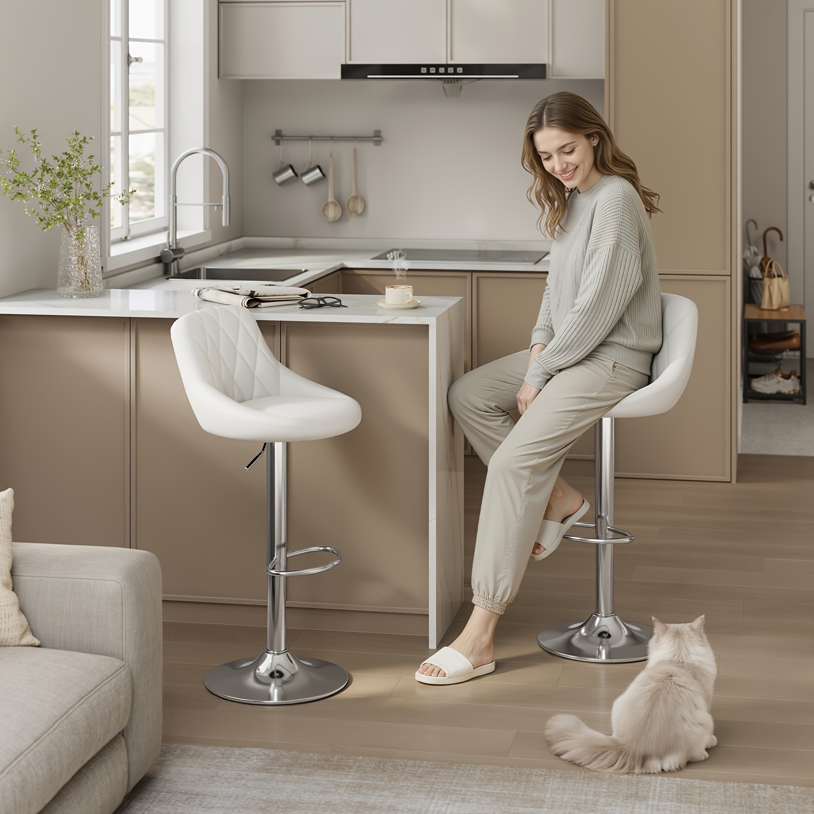 Modern Swivel Bar Stools with Artificial Leather, 360° Adjustable Height