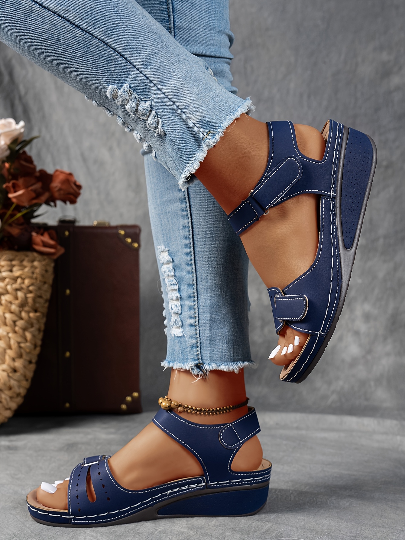   womens beige wedge sandals comfortable open toe platform shoes with adjustable ankle strap perforated design for   casual summer fashion strappy sandals Product details 33
