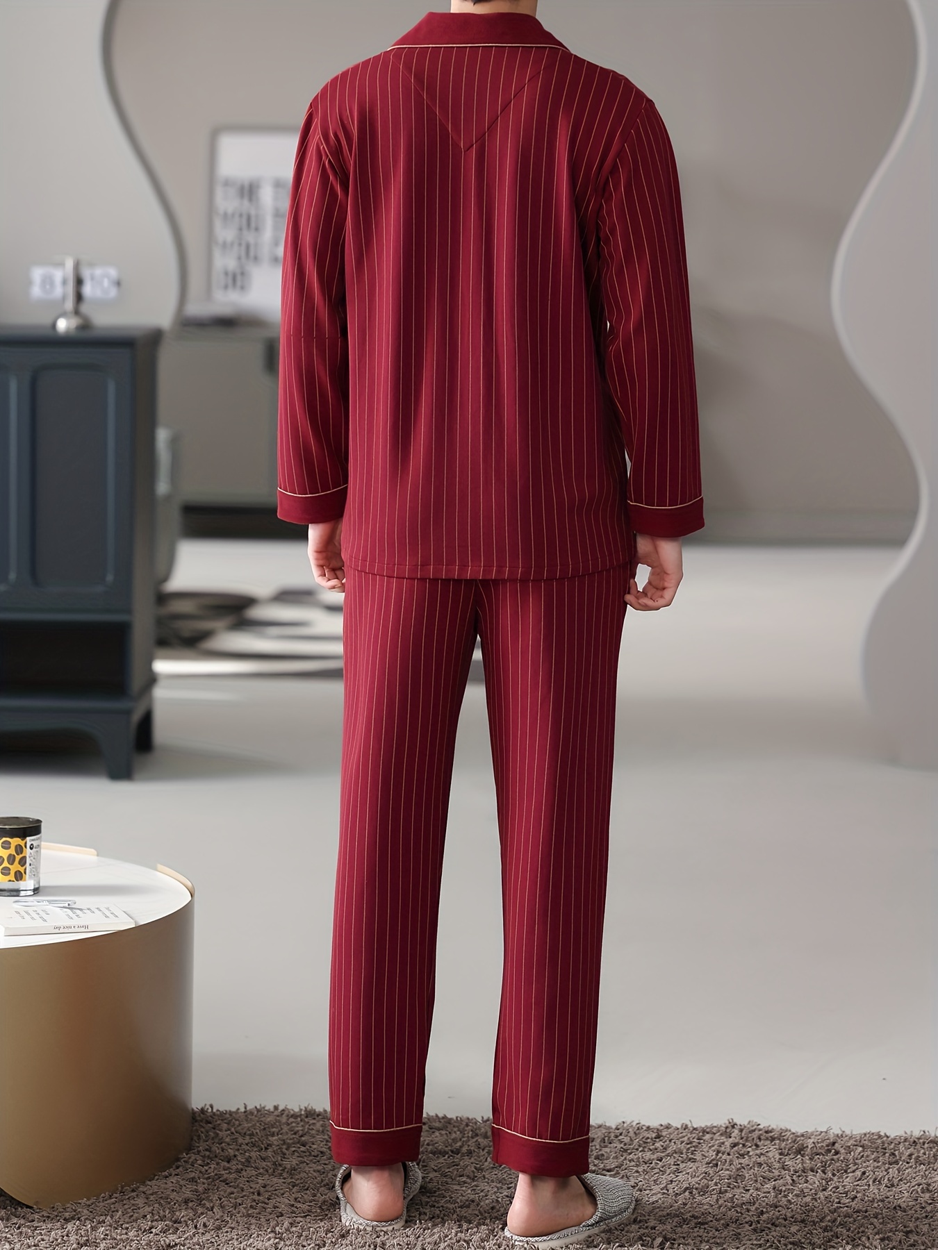 100% Cotton Men'S Pajama Set - Casual Lapel Collar Long Sleeve Sleepwear with Pockets, Striped Slight Stretch Knit Fabric, Loose Fit Lounge Sets for Spring/Fall