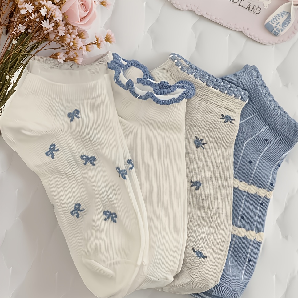 TEMU 4-pair Spring/ Series Wood-ear Lace Women's Ankle Socks, Comfortable And Breathable, Girly Japanese-style Versatile Thin Hollow-out Small Floral