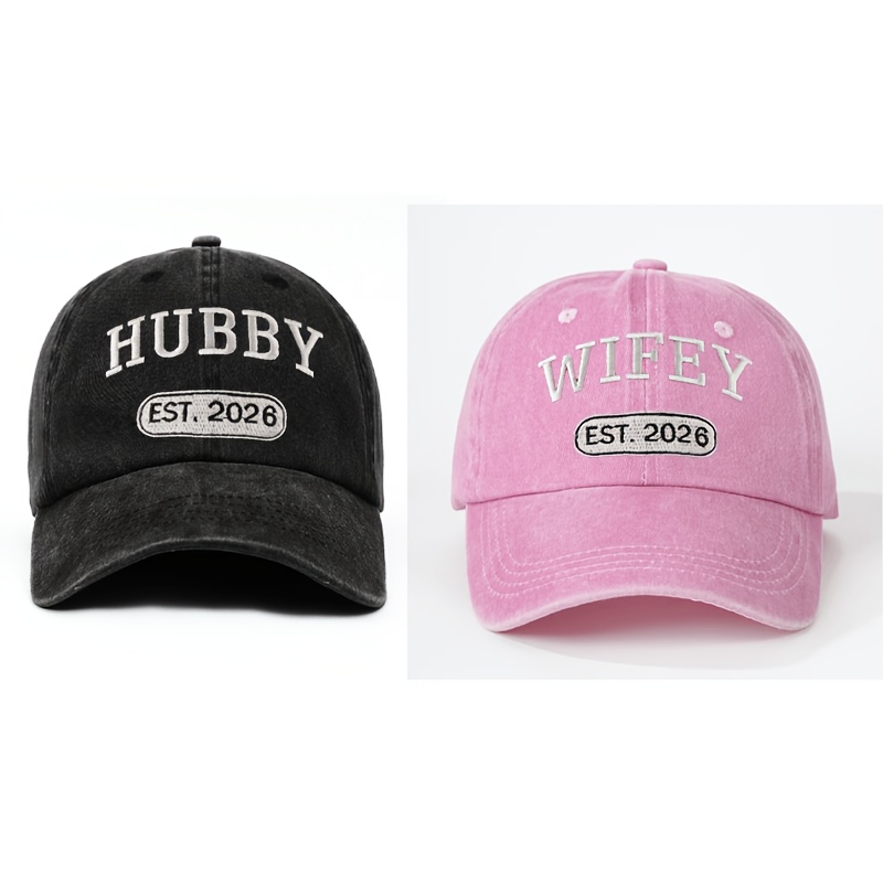 TEMU 2pcs Unisex Fashion Embroidered Baseball Caps, Featuring White Embroidery Of "wifey/hubby 2026" To Highlight Couple Vibes. Perfect For Street