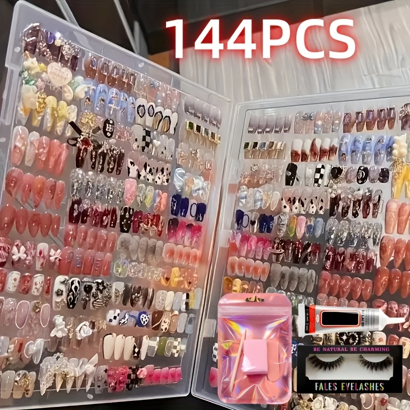 144pcs Nail Art Set Featuring Stylish Designs Including, Rhinestones, Hearts, And Patterns In Nude, Pink, And Mixed Colors. Perfect For Any Occasion. Reusable, Easy To Apply