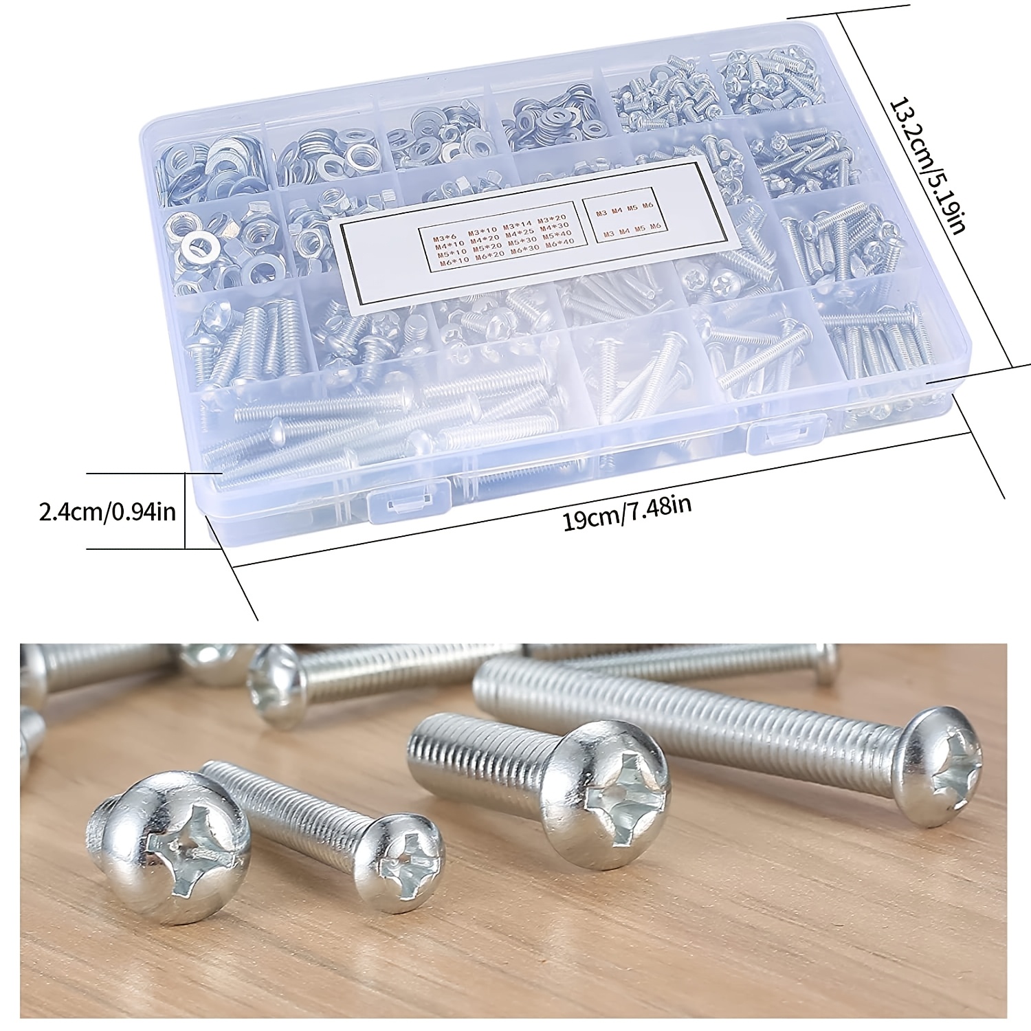 1000 piezas, juego de tornillos, pernos y tuercas, tornillos y tuercas métricas y fregaderos planos, juegos de pernos con cabeza redonda cruzada y ranurada M3/M4/M5/M6 - Imagen 2