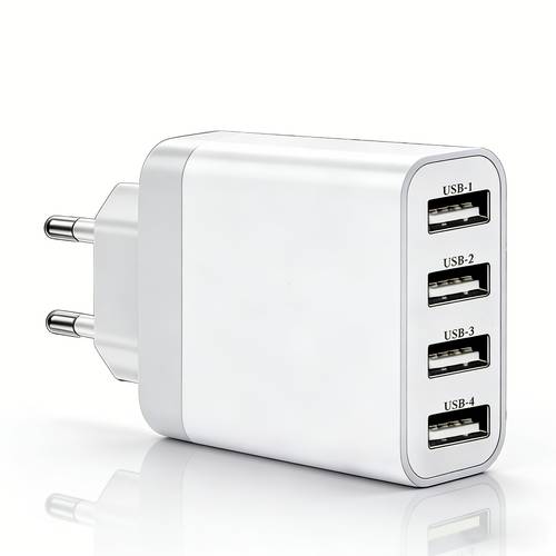 adaptador de energia 4 portas usb-a, carregamento centralizado, plug europeu, corrente de 5v 2a, compatível com série iphone, tablets e fones de ouvido
