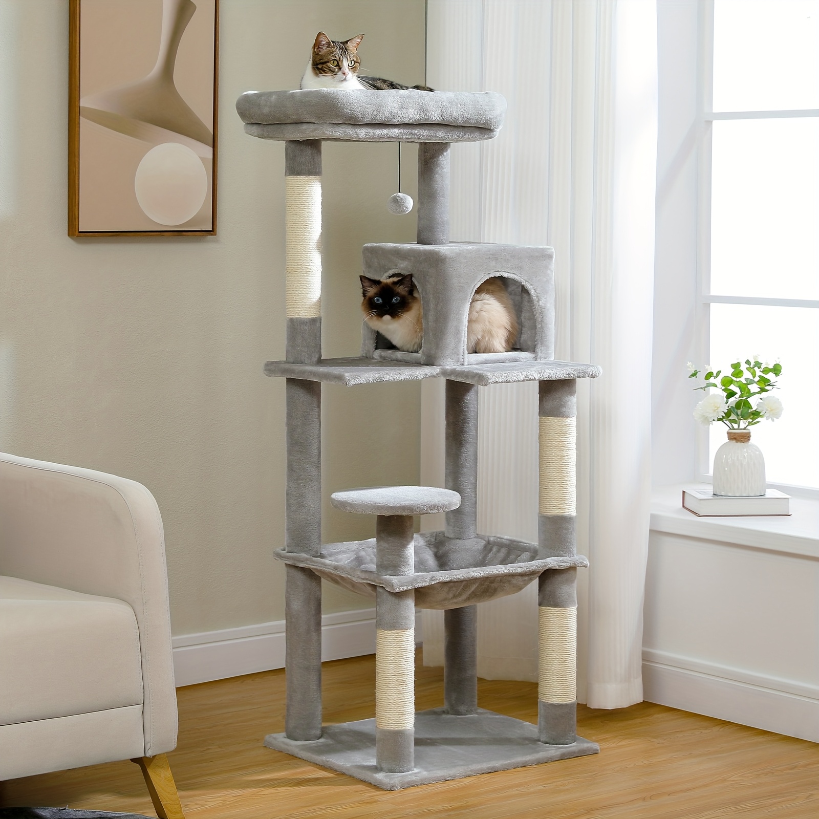 TEMU 56.3''/57.9'' Multi-level Cat Tree Tower, Large Cat Tree, An Activity Center For Indoor Cats With Large Hammock, Condo Houses, Scratching Posts,