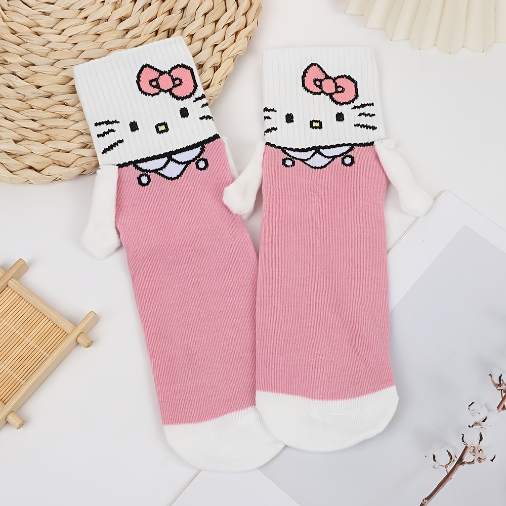 Image of 1 Pair Hello Kitty 3d Holding Socks For Women, Cute Kawaii Magnetic Cartoon Socks, Soft Novelty Funny Socks For Daily Wear
