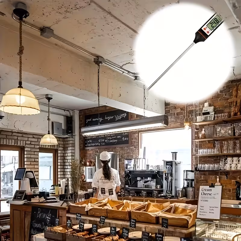 digital kitchen thermometer tp 101 with stainless steel probe ideal for cooking grilling and baking battery powered plastic body batteries meats vegetables and liquids kitchen thermometer durable construction Product details 3