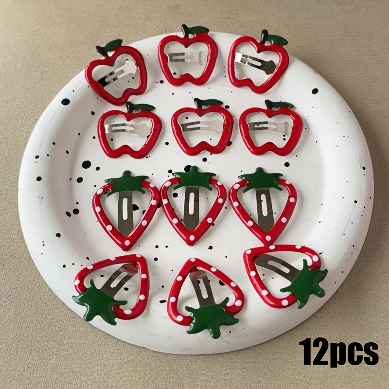 TEMU 12pcs Petites Pinces à Fruits Mignonnes Fraise Franges Pinces Latérales Pomme Bb Pinces Extensions de Cheveux Nouvelles