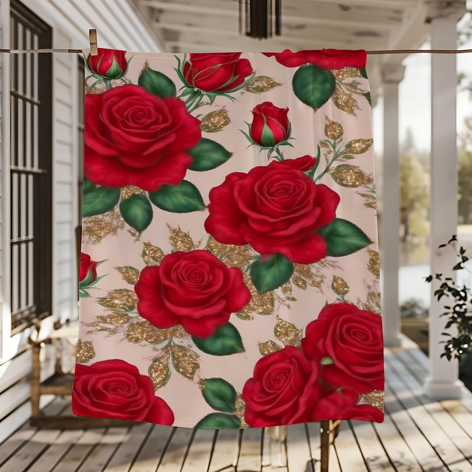 TEMU Luxury Red Rose Floral Throw Blanket With Golden Accent Roses - Soft Cozy Bedspread Suitable For - Couch Bed Cover, Elegant Red Roses & Decor,